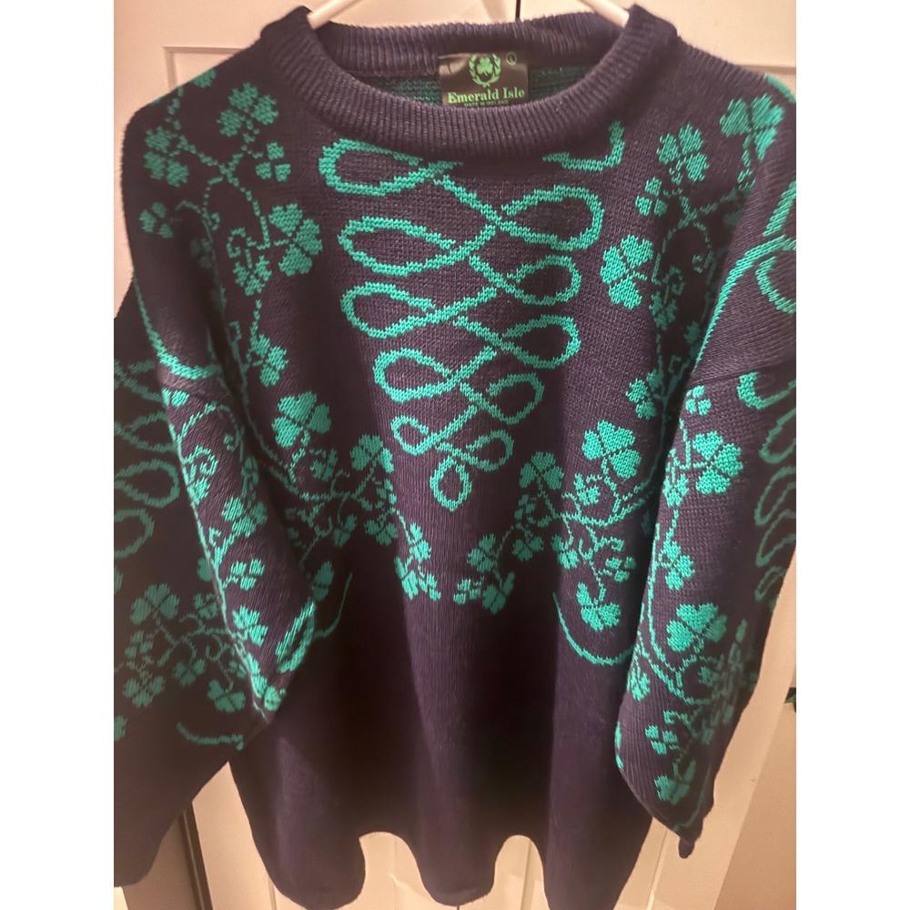 Emerald Isle Mens Purple Green Shamrock Celtic Knot‎ Sweater Made in Ireland L